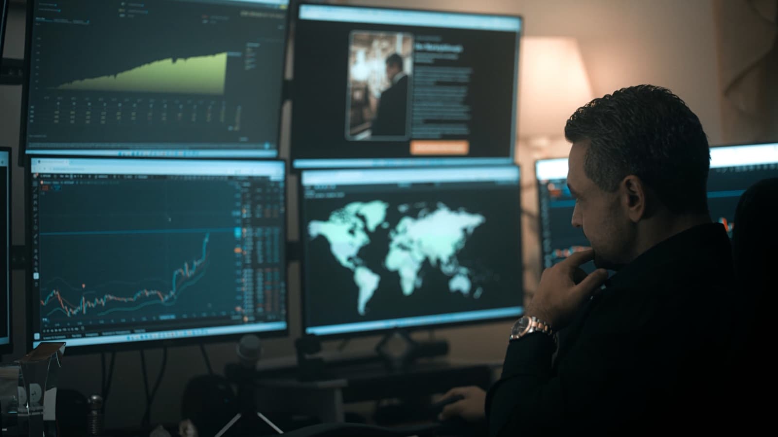 Alexander Douedari analysiert die Märkte vor mehreren Monitoren